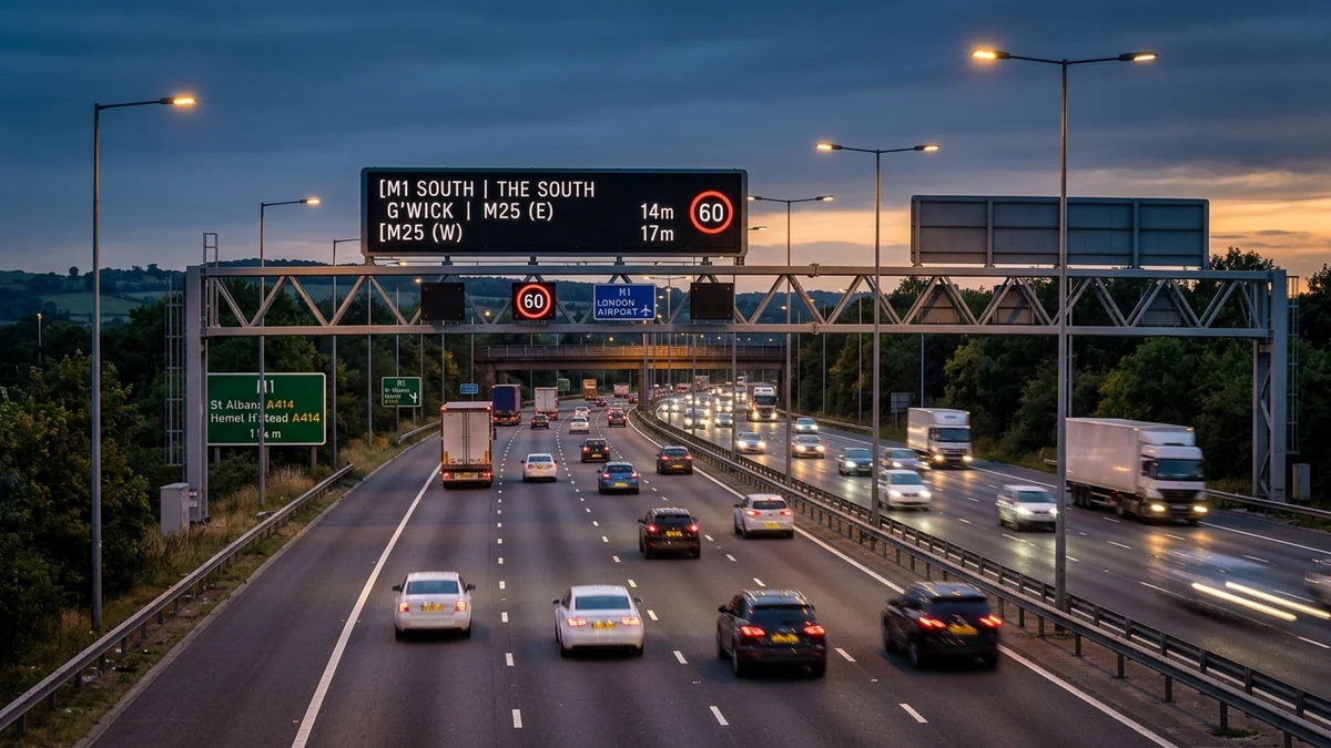 Aerial photographic view of a British motorway corridor at dusk with electronic gantry signage displaying active traffic advisory and lane status